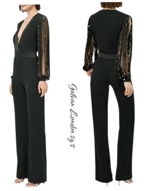 Galvan London Womens Infinity Embellished Mixed Media Black Jumpsuit